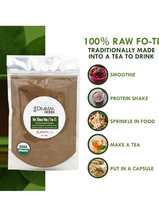 Dimmak Herbs Organic Fo Ti Root Raw Chinese Herb Powder - Cure/Prepared USDA Organic He Shou Wu (Polygonum Multiflorum Preperata) (4oz/112g) - Image 5